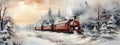 Vintage locomotive in snow forest. Watercolor Illustration. Banner. Christmas festive concept Royalty Free Stock Photo