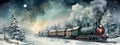 Vintage locomotive in snow forest. Watercolor Illustration. Banner. Christmas and New year concept Royalty Free Stock Photo