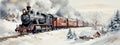 Vintage locomotive in snow forest. Watercolor Illustration. Banner. Christmas and winter concept Royalty Free Stock Photo