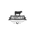 Vintage logo butcher shop with picture of cow. Engraving label with sample text. Vector Illustration