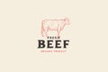Vintage logo butcher shop with picture of cow. Engraving label with sample text.