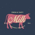 Vintage logo for dairy and meat business, shop, market. Template, stamp, badge, label with cow silhouette