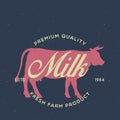 Vintage logo for dairy and meat business, shop, market. Template, stamp, badge, label with cow silhouette