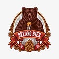 Vintage logo emblem bear holding glass of beer with ornament