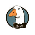 Vintage logo head goose with a bow on the background of blue circle. Stylish vector illustration of cartoon poultry. Well suited