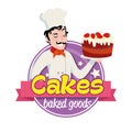Vintage logo. Smiling italian man in a cook cap with cake. Royalty Free Stock Photo