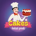 Vintage logo. Smiling man in a cook cap with cake.