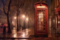 vintage london telephone booth at night