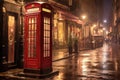 vintage london telephone booth at night