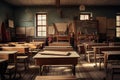 Old-time school classroom with a vintage look wood predominant. Generative ai