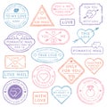 Vintage love letter postcard, Valentines Day postmarks. Stamps with hearts or mail seal for wedding postcards. Travel Royalty Free Stock Photo