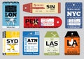 Vintage luggage tags, travel labels vector set