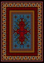 Luxurious carpet with red and yellow ethnic patterns with a blue field in the center