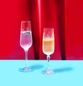 Vintage, luxurious crystal champagne glasses, sparkling drinks, aronia berries in it. Posh party concept, red velvet and blue