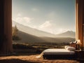 vintage a luxury bed in wide open meadow with Cinematic daylight generative ai illustration