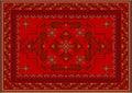 Luxury carpet in red and dark brown shades with a central dark brown ornament of curved branches with leaves