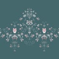 Vintage luxury floral seamless border. Forest animals raccoon, fo Foxes, moth, bee and forest flowers on white background isolated