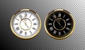 Vintage luxury golden wall clock with roman numbers isolated on transparent background. Realistic black and white round clock-face