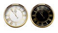 Vintage luxury golden wall clock with roman numbers isolated on white background. Realistic black and white round clock-face dial.