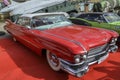 Vintage luxury red car Cadillac DeVille 1959 is presented at the retro car festival in Kyiv