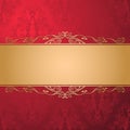 Vintage luxury vector background. Golden decorated ribbon on red seamless damask pattern. Royalty Free Stock Photo
