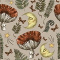 Vintage magic forest botanical seamless pattern, witchcraft art, amanita mushroom