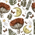Vintage magic forest botanical seamless pattern, witchcraft art, amanita mushroom