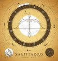 Vintage magic witchcraft card with astrology Sagittarius zodiac sign. Polygonal Bow and arrow illustration. Royalty Free Stock Photo