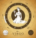 Vintage magic witchcraft card with astrology Virgo zodiac sign. Realistic hand drawing woman head.