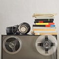 Vintage magnetic audio reels and headphones on the analog tape recorder Royalty Free Stock Photo