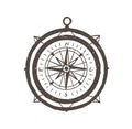 Vintage magnetic compass hand drawn with outlines on white background. Touristic instrument for navigation, orientation