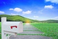 Vintage mail box with road on green field. Royalty Free Stock Photo