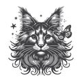 Vintage Maine Coon With Butterfly Hand Drawn Engraved Vector. Royalty Free Stock Photo