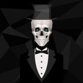 Vintage male skeleton in black suit and top hat in low poly style. Royalty Free Stock Photo