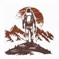 Vintage Man backpack and hiking silhouette with mountain emblem design vector illustration on white background Royalty Free Stock Photo