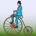 Vintage man on a high bike, penny farthing. Sketch scratch board imitation color. Royalty Free Stock Photo