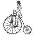 Vintage Man On A High Bike, Penny Farthing. Sketch Scratch Board Imitation Coloring.
