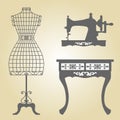 Vintage Mannequin and Sewing Machine Vector Royalty Free Stock Photo