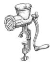 Vintage manual mechanical meat grinder. Retro mincer, kitchen equipment. Engraved sketch vector illustration