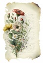 Vintage manuscript with stunning floral illustration in soft watercolor pastels. Generative AI.