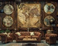 Vintage map collection exploration 70s themed room with ancient maps Royalty Free Stock Photo