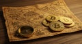 Vintage map with compass and bitcoin coins on wooden surface Royalty Free Stock Photo