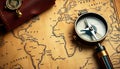 Vintage map compass travel, adventure planning and exploration tools Generative AI Royalty Free Stock Photo