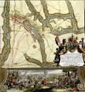 Vintage map of an eighteenth century city with human figures and a picture of war