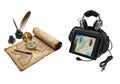 Vintage map and modern gps device with headset Royalty Free Stock Photo