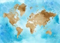 Vintage map of the world on a blue background. horizontal Watercolor illustration. Royalty Free Stock Photo