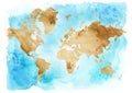 Vintage map of the world on a blue background. Watercolor illustration. Royalty Free Stock Photo