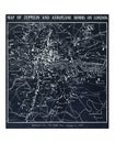 Vintage map of zeppelin and aeroplane bombs on London illustration wall art print and poster design remix from the original