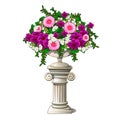 Vintage marble vase with flowers in the form of an ancient column isolated on white background. Element of landscape