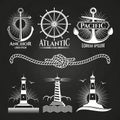 Vintage marine nautical logos and emblems with lighthouses anchors rope